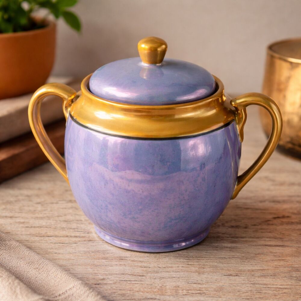 Vintage Japanese Lavender Lusterware Sugar Jar w Lid Gold Handles Mid Century